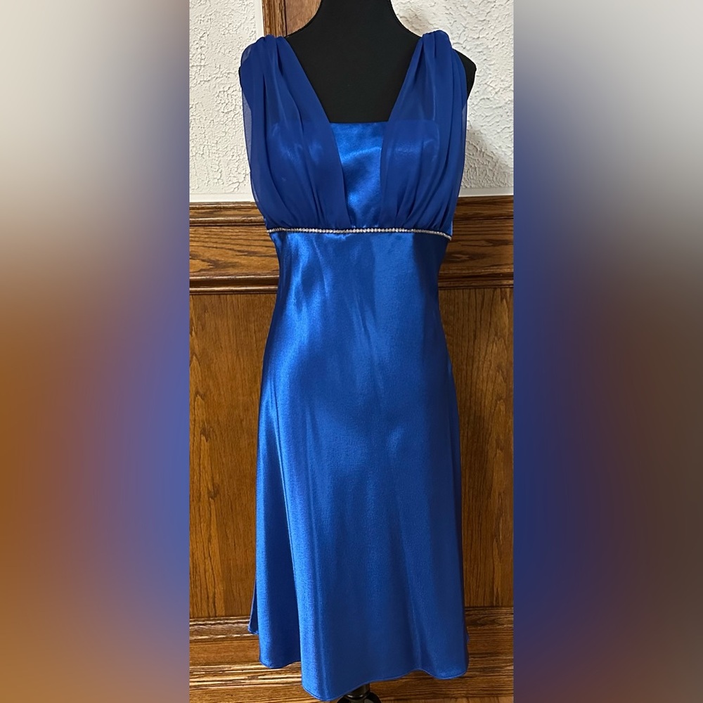 Elegant Blue Satin evening Dress with shawl